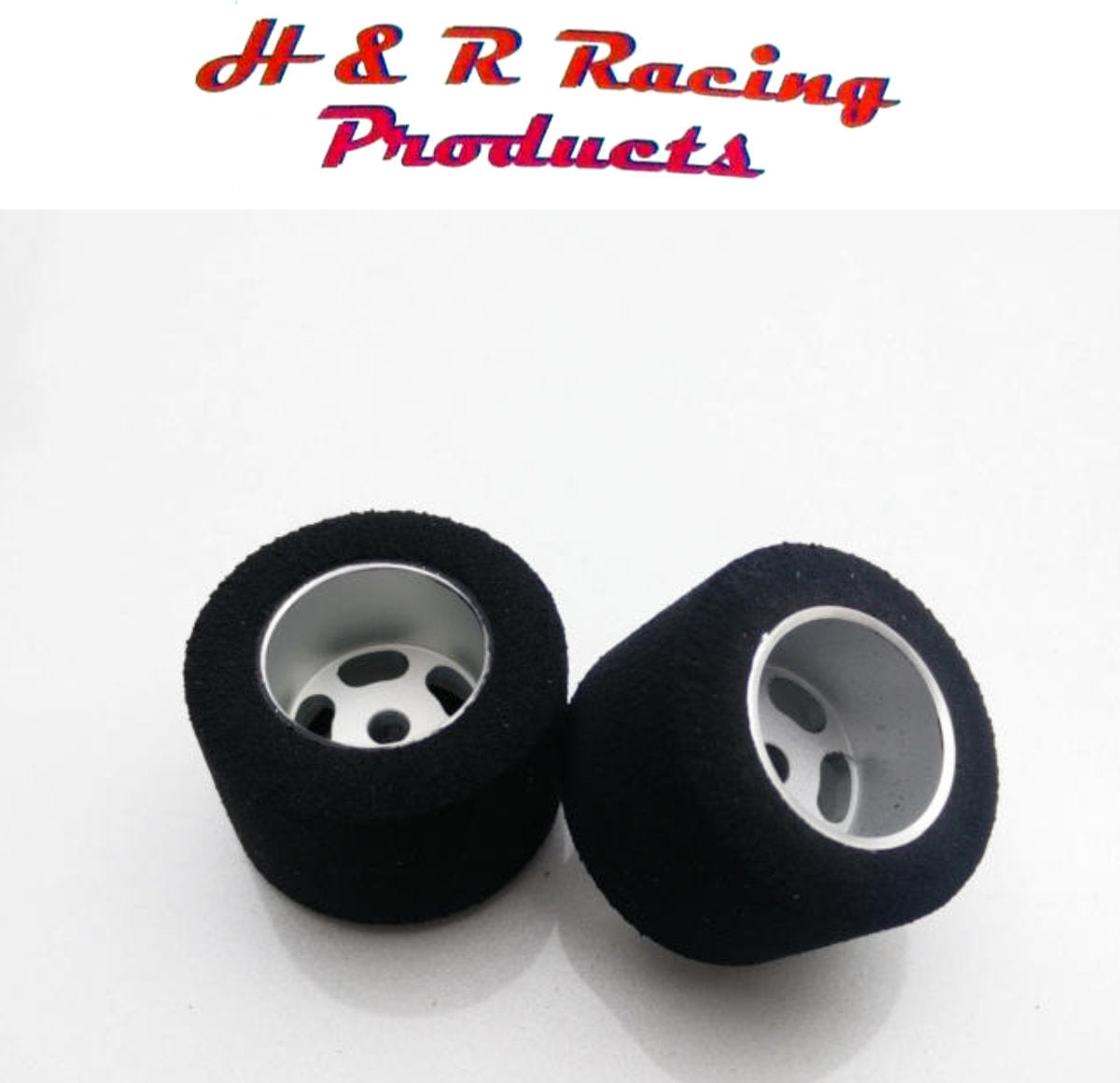 H&R Racing HR1204 Rear Hard Foam Tires 27×18 Silver Wheels 1/24 Slot Car