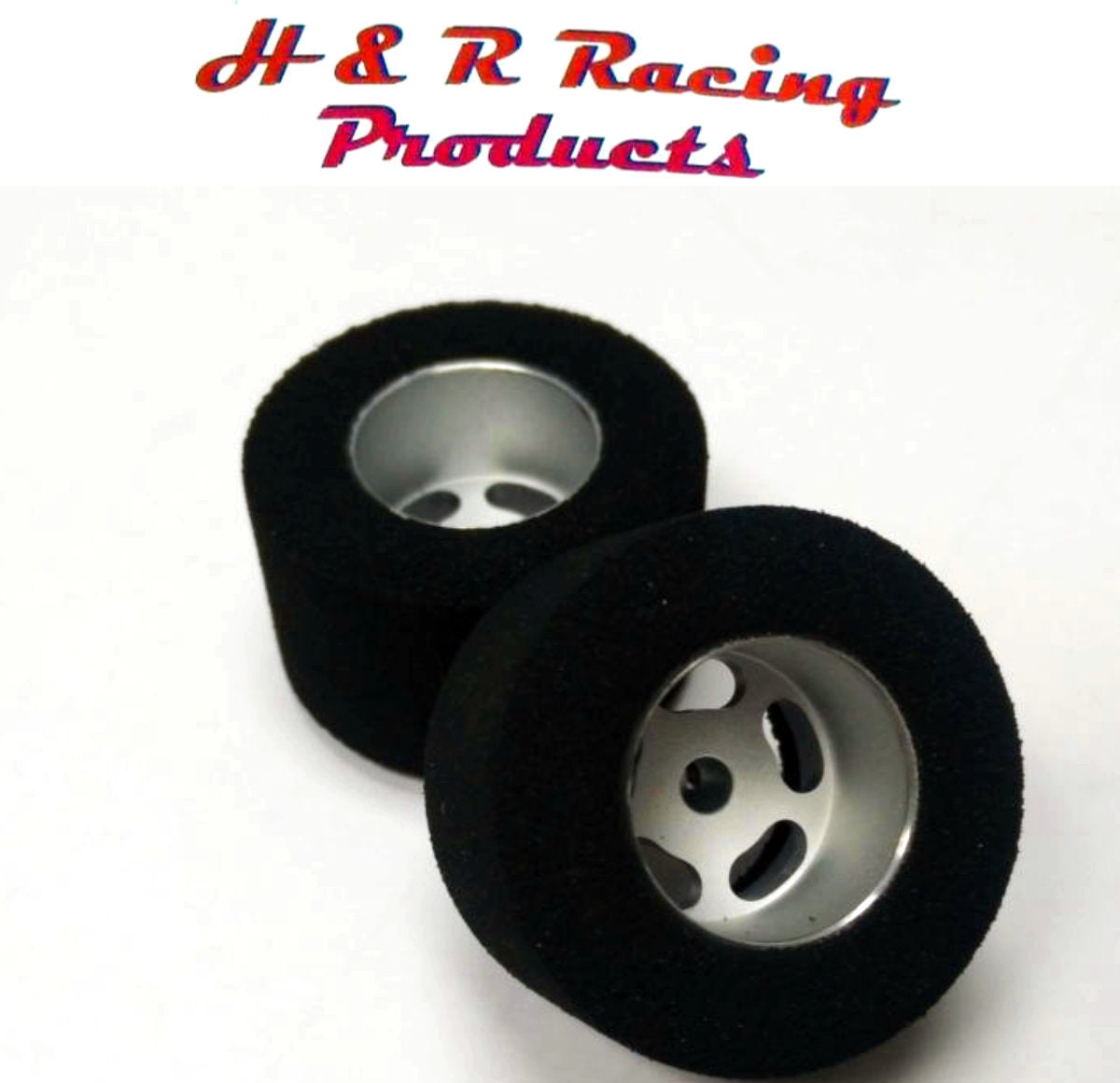 H&R Racing HR1208 Rear Foam Tires 30×16 Silver Wheels 1/24 Slot Car