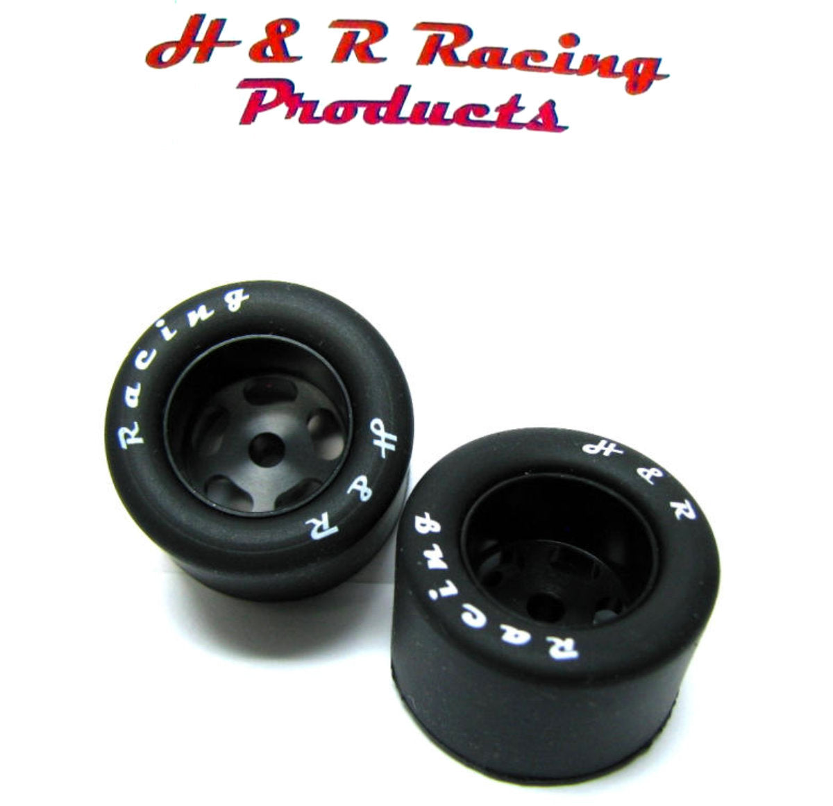 H&R Racing HR1307 Rear Rubber Tires 27×18 Black Wheels 1/24 Slot Car 1/8 Axle