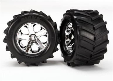 Traxxas Tires and wheels, assembled, glued 2.8′ (All-Star chrome wheels, Maxx tires, foam inserts) (2)