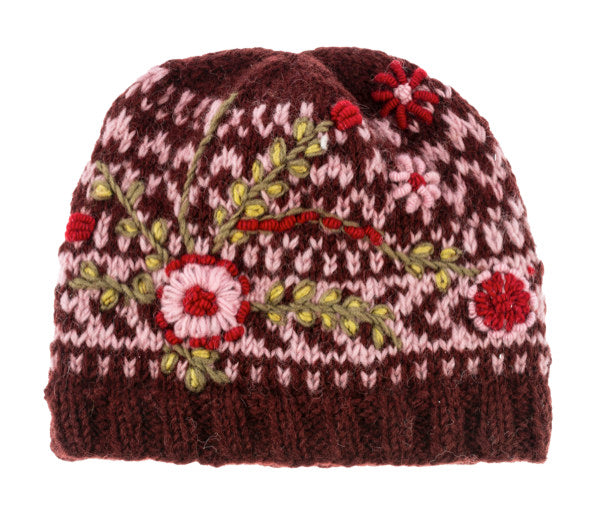 Knit Embroidered Floral Winter Hat –