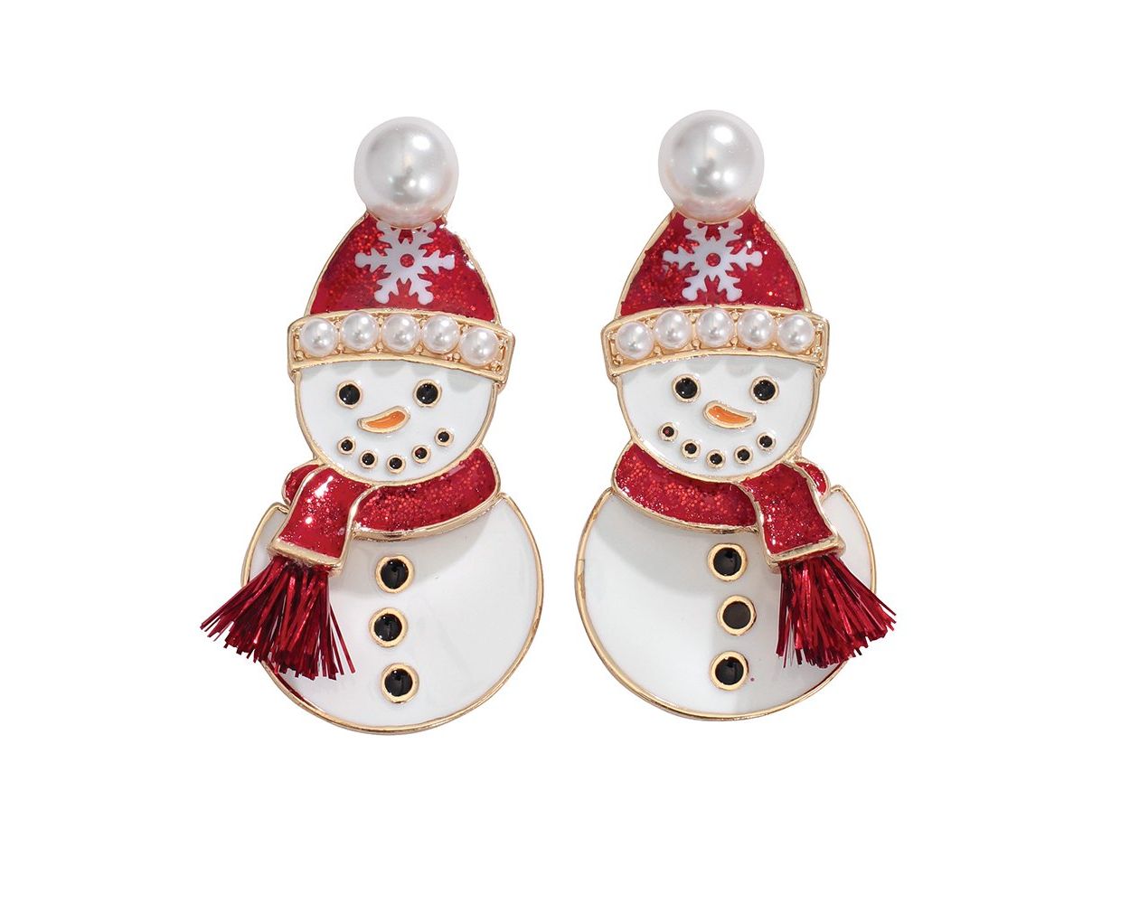 Enameled Snowmen w Pearls – Earrings