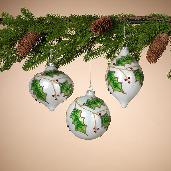 7 Inch Glass Holly Ornament – Oval